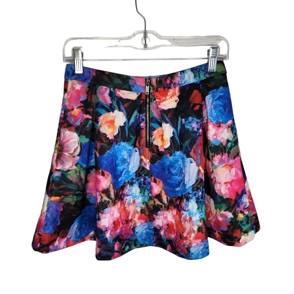 Express Colorful Floral Pleated High Waisted Skater Skirt Size Small